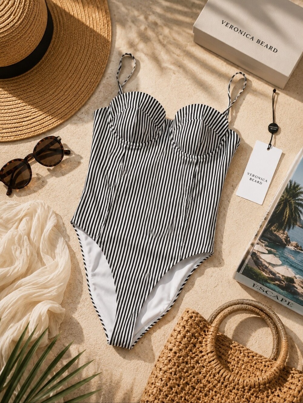 Veronica Beard Bridge Swimsuit One Piece Black White Stripe M